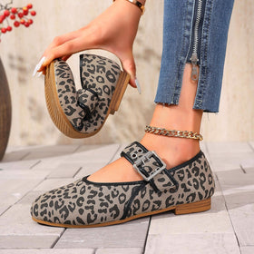 Leopard-print Belt Buckle Round-toe Sling-back Flats